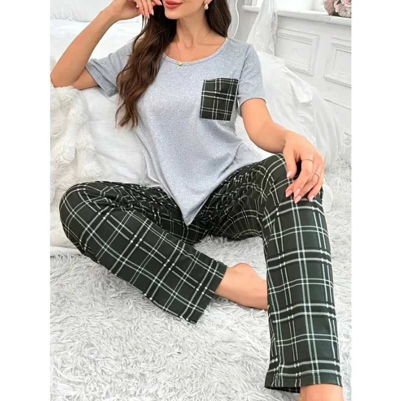 Ladies' Home Clothes Bow Chest Bag Letter Round Neck Short Sleeves Fashion Contrast Color Blocked Plaid Pants T-shirt Pajama Set