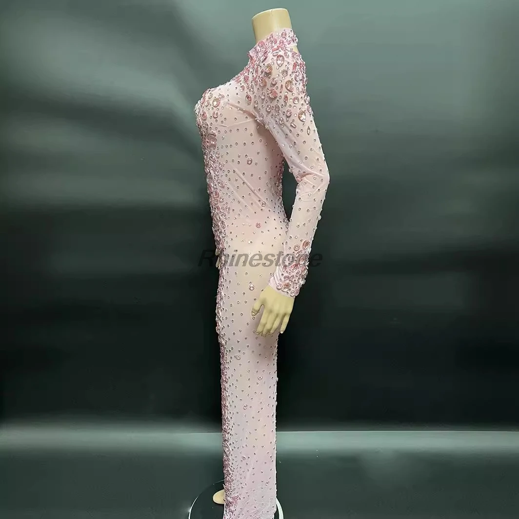 New Sexy Crystals Long Evening Party Pink Silver Diamond Host Mesh Dress