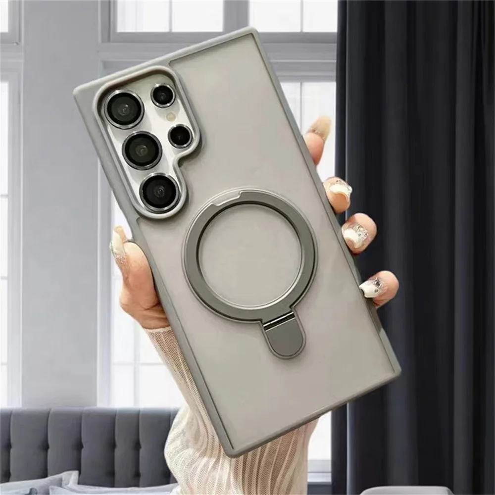 Metal Matte Stand Support Vehicle For Magsafe Case For Samsung Galaxy S24 Plus Ultra Transparent Magnetic Wireless Charge Cover