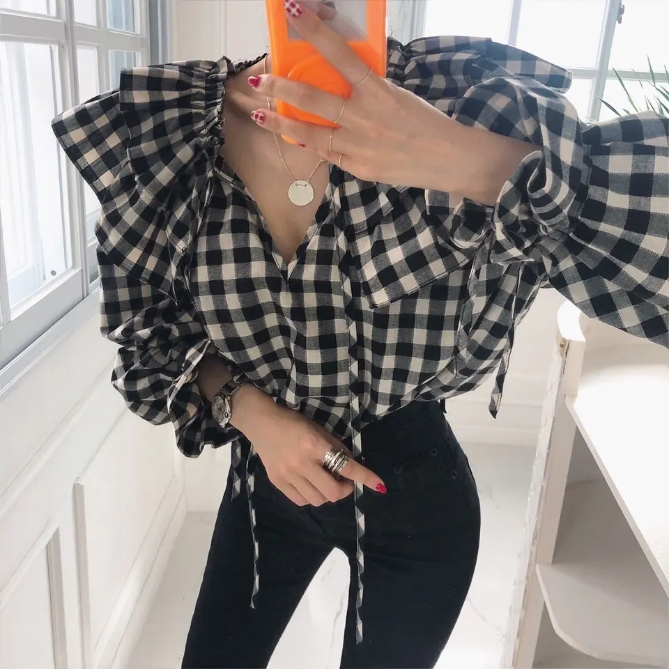 Black White Plaid Lantern Sleeve Shirt Women's Vintage V Neck Drawstring Tie Dyeing Korean Style Commute Straight Cut Top