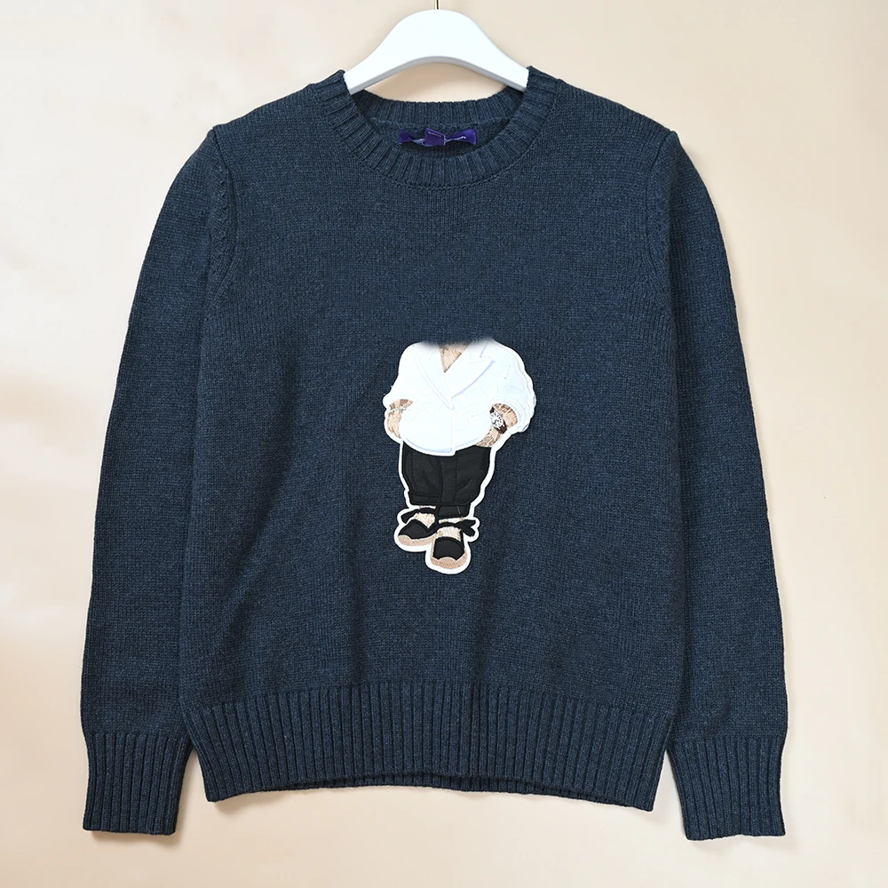 Suéter clásico de punto para otoño e invierno, tejido de Color con patrón de dibujos animados, largo, redondo, hilo de algodón Ne, prendas de punto para hombres y mujeres