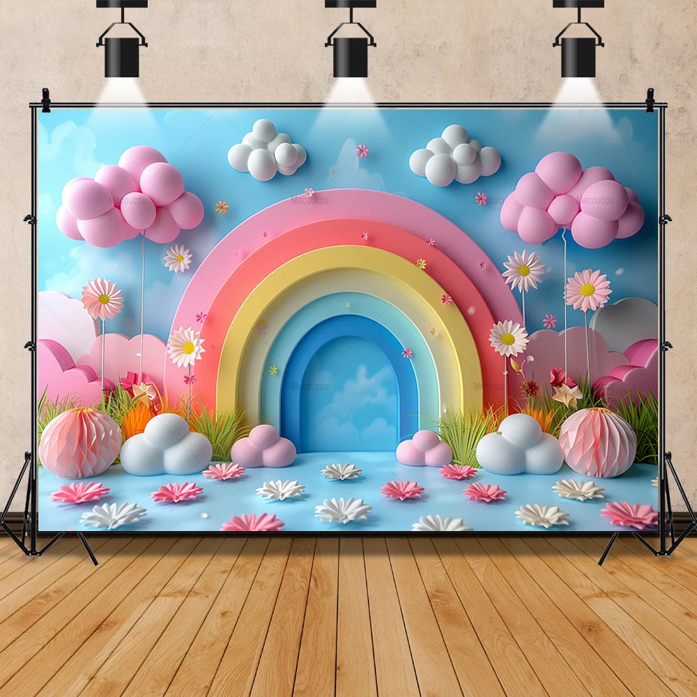 Colorful balloon Birthday Party Backdrop for Photography Customized Girls First Rainbow Decor Background Studio Props