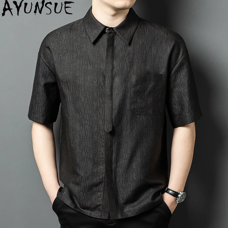AYUNSUE 100% Real Mulberry Silk Shirts for Man High Quality Short Sleeve Shirt Men Clothing Fashion Summer Top Black Shirt 2026