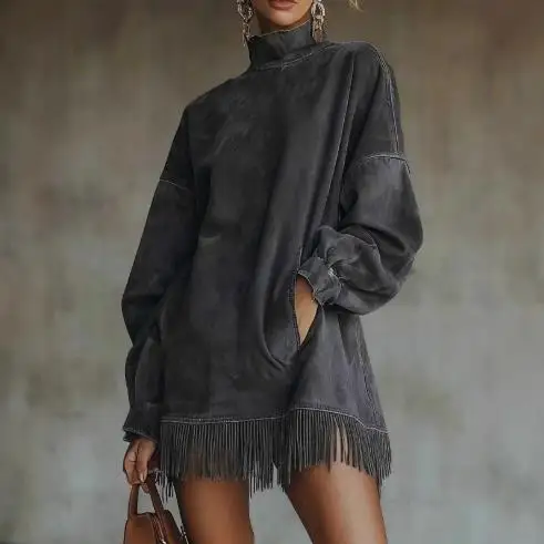 レディースワンピース 2025 春秋新作 無地 ハイネック ルーズ ポケットデザイン タッセルヘム 長袖 カジュアル スエード ミニワンピース