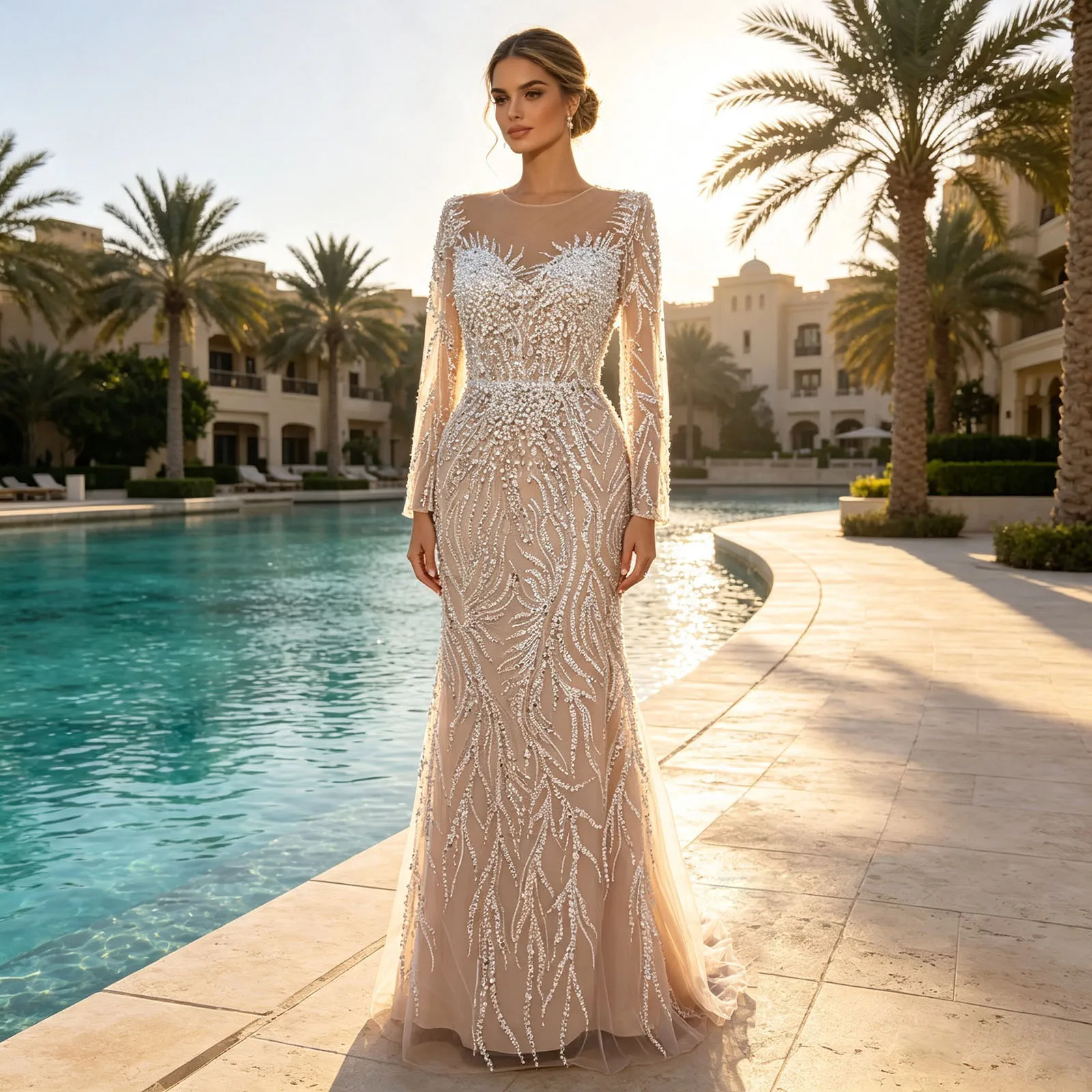 Eshault&bridal Perlenbesetztes Meerjungfrau-Abendkleid mit langen Ärmeln, Perlen, formelles Partykleid, Robe De Soiree für arabische Frauen, maßgeschneidert 2026