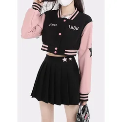 Hikigawa Chic Fashion Women Baseball Clothes Vintage Streetwear Stripe Contrast Color Short Coat+High Waist Mini Pleated Skirt