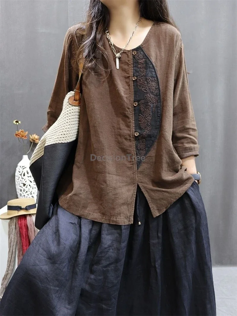 

2025 New Autumn Patchwork Cotton Linen Blouse Women Fashion Design Loose Sunscreen Long Sleeved Retro Temperament Tops