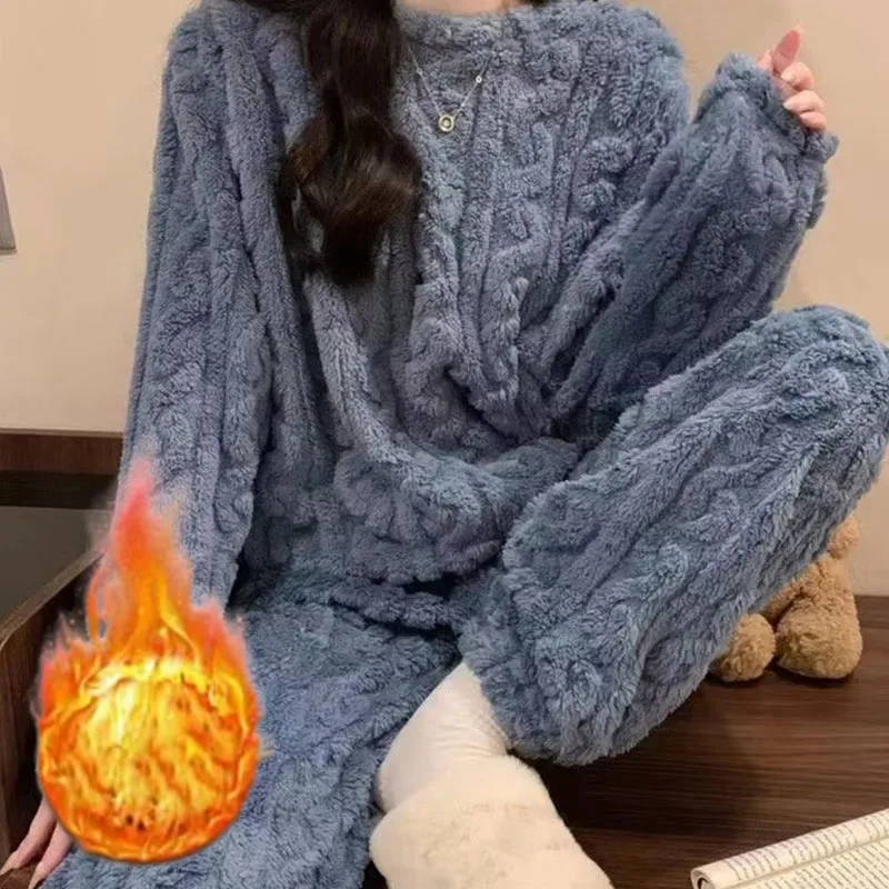 Soft Coral Velvet Jacquard Warm Pajama Set for Women Cozy Loungewear Outerwear for Winter Christmas Valentine's Day Gift 