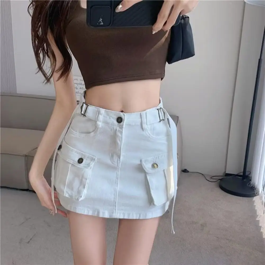 

High-waist Hip Skirt Women Denim Skirt High-waist A-line Denim Skirt with Belt Pockets Stylish Summer Workwear for Women