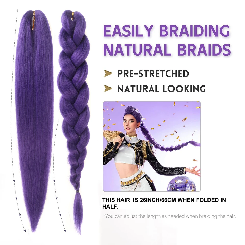 Cabello morado largo para trenzas 2 paquetes sintético extensiones para trenzas suave Yaki preestirado para cosplay 3