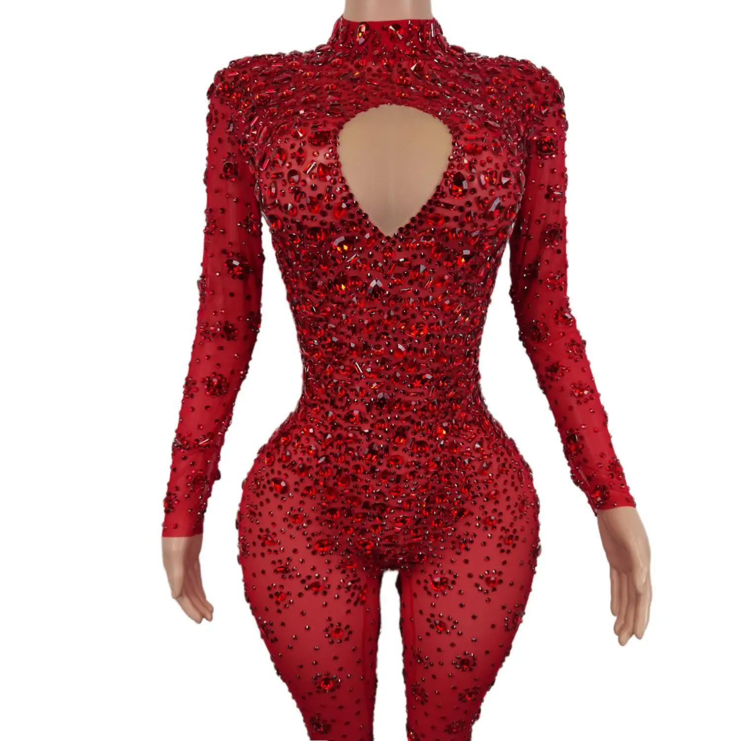 Gorgeous Long Sleeves Night Club Singer Dancer DJ Stage Performance Costume Party Rompers Lady Perspective Rhinestone Jumpsuits