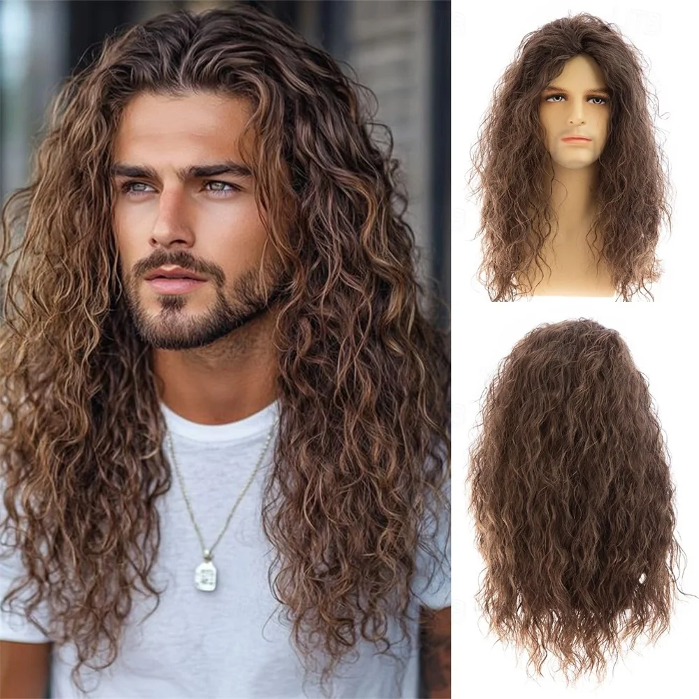 HAIRJOY Synthetic Hair Mens Long Curly Brown Wig  70s 80s Rocker Cosplay Costume Halloween Party Wigs