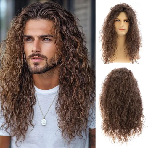 Imagen 1 del producto HAIRJOY Peluca sintética larga y rizada de color marrón para hombre, peluca de disfraz de rockero de los años 70 y 80, pelucas para fiesta de Halloween