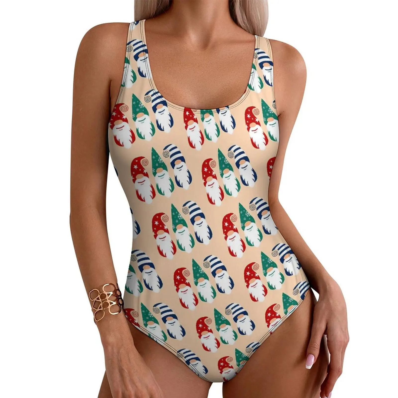 Christmas Gnome Swimsuit Sexy Holidays Snowflakes One-Piece Swimwear Push Up Bodysuit Stylish Holiday Surf Beach Wear