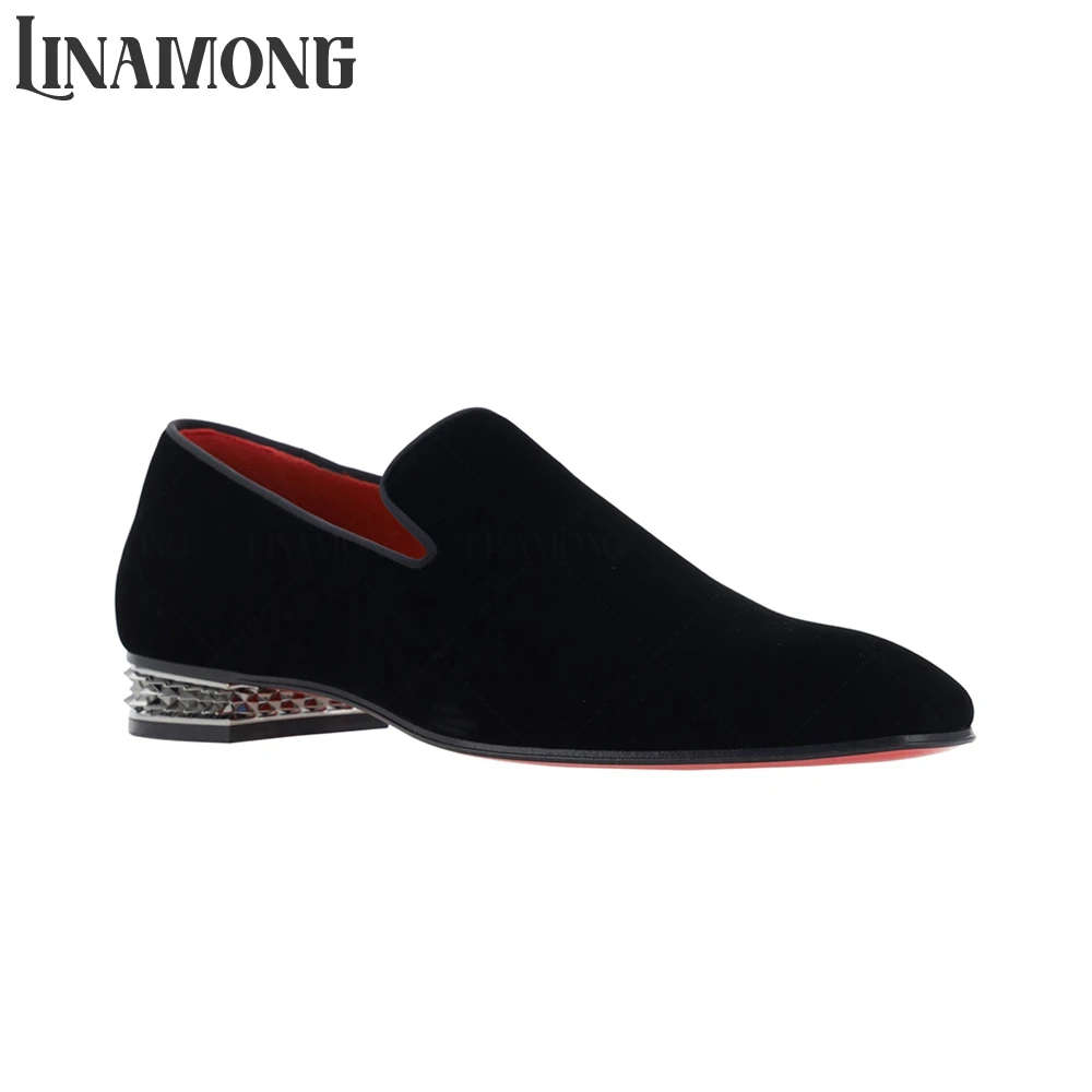 

Rivet Block Heel Loafers Almond Toe Spikes Stacked Heel Dress Shoes Black Velvet Fabric Slip on Leather Shoes Banquete Men Shoes