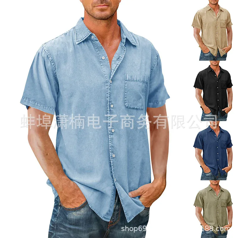 Summer Lapel Solid Color Pocket Single-breasted Shirt Men's Short-sleeved Washing Shirt Top