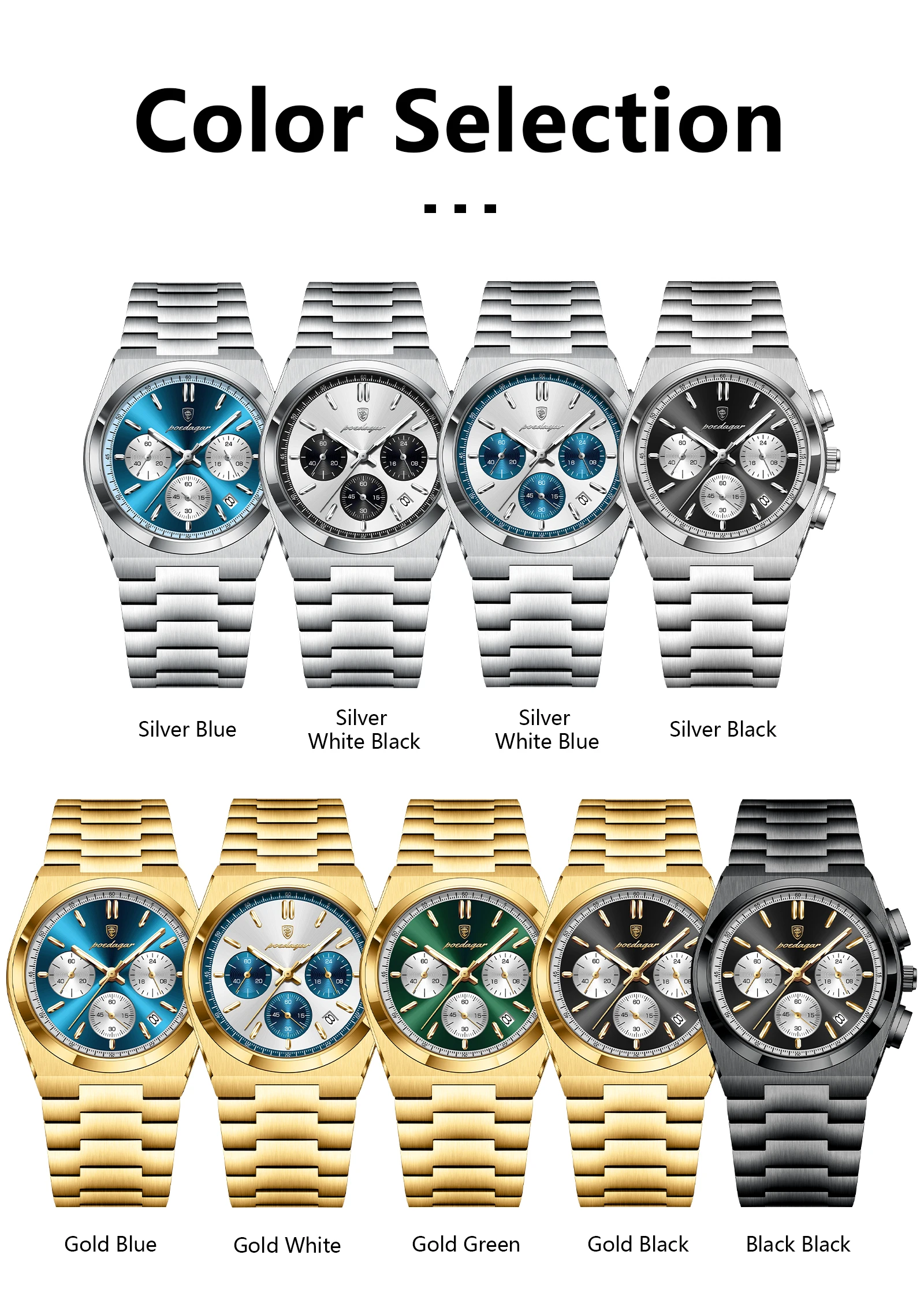 POEDAGAR Top Mode Mann Armbanduhr Chronograph Datum Edelstahl Business Männer Uhr Wasserdicht Leucht männer Quarz Uhren – Detail 10