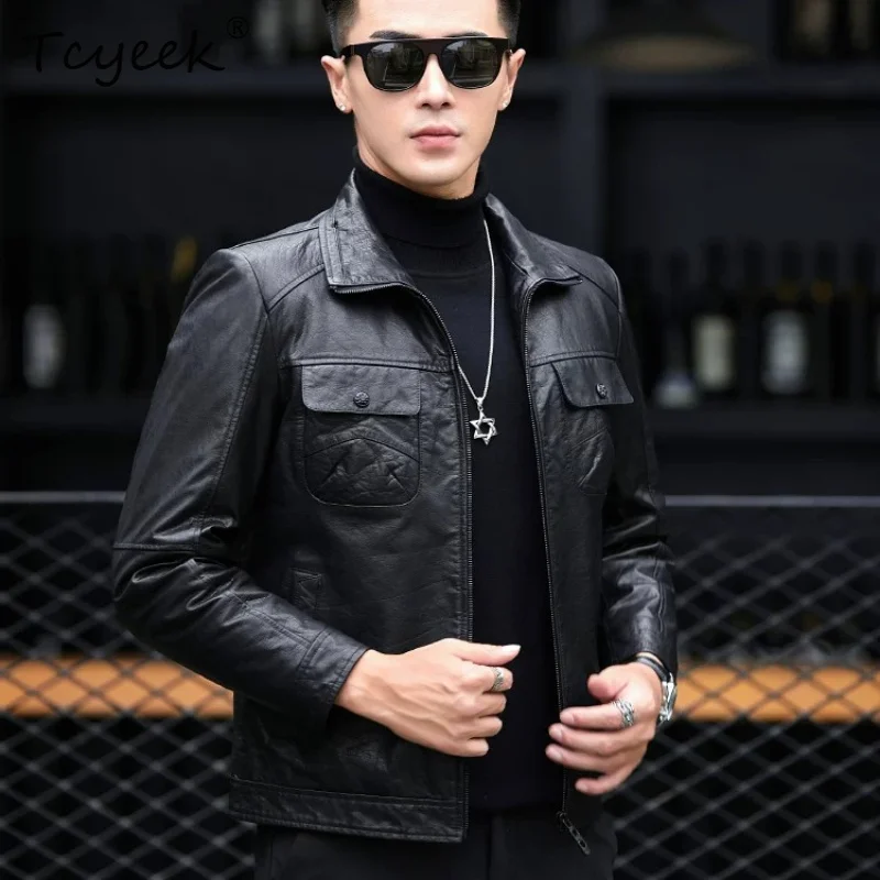 Tcyeek Real Leather Man Jackets Winter Clothes Natural Cowhide Coat Men White Duck Down Liner Detachable Lamb Wool Collar Trendy
