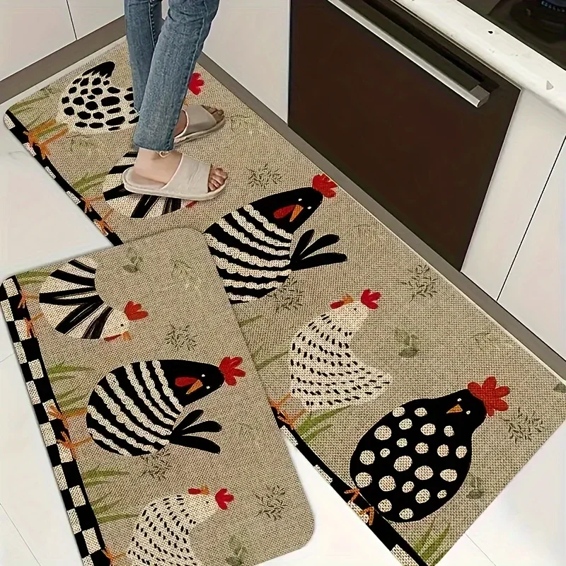 1pc Cartoon Chicken Kitchen Carpet Non-slip Machine Washable Flannel Floor Mat Suitable for Hallway Door Kitchen