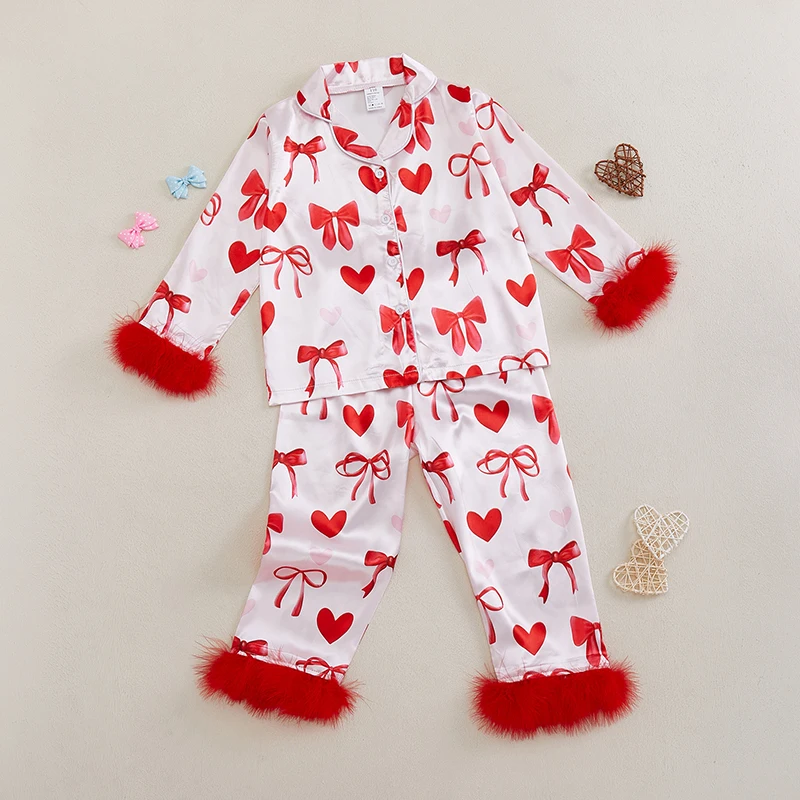 Girl Valentines Day Pajama Sets Heart Bow Print Lapel Neck Button-Up Tops Elastic Waist Long Pant Plush Loungewear Set 1-9 Years