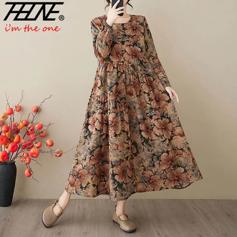 THHONE فساتين الربيع للنساء رداء طباعة عطلة الشاطئ فضفاضة س الرقبة خمر كم طويل فستان كاجوال الملابس Vestido Feminino