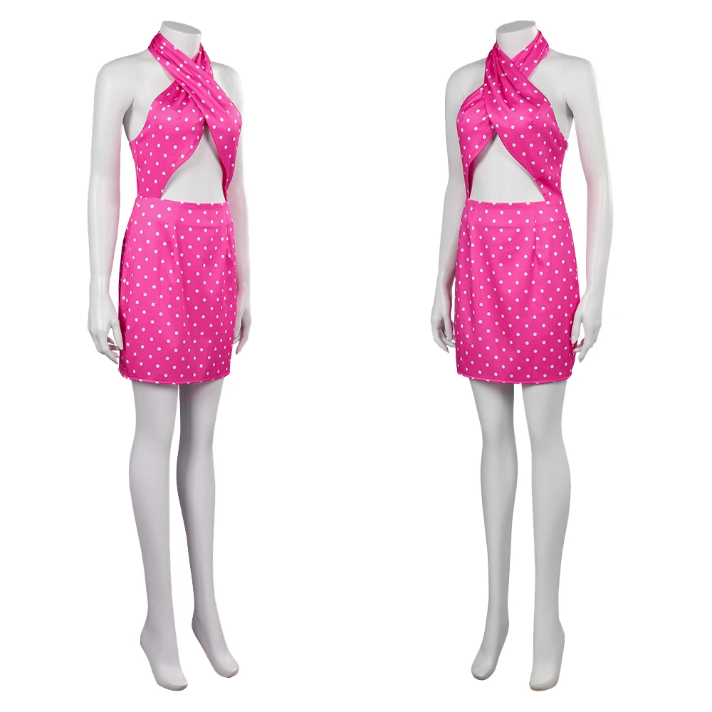 Margot Cosplay Role Play Cute Dots Dress 2023 Movie Barbei Costume Halter Neck Backless Mid Dresses Adult Women Fancy Dress Up