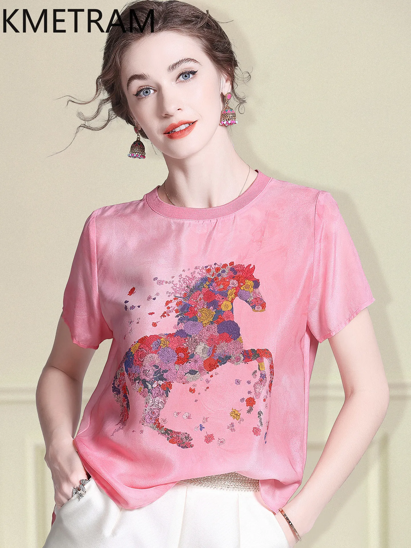 KMETRAM 100% Mulberry Silk T Shirt Women 2026 Summer Commute Style Fashion Printed Short-sleeved Tops Women Clothing Ropa Mujer