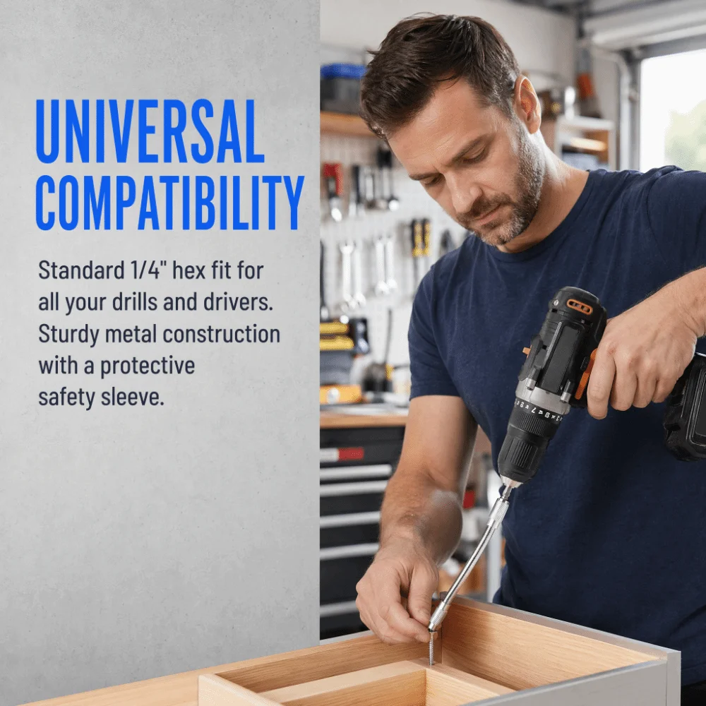 300mm Length Flexible Drill Bit Extension 360° Bendability 11.8 Inch Bendable Screwdriver Bit Link 1/4 Inch Hex Shank