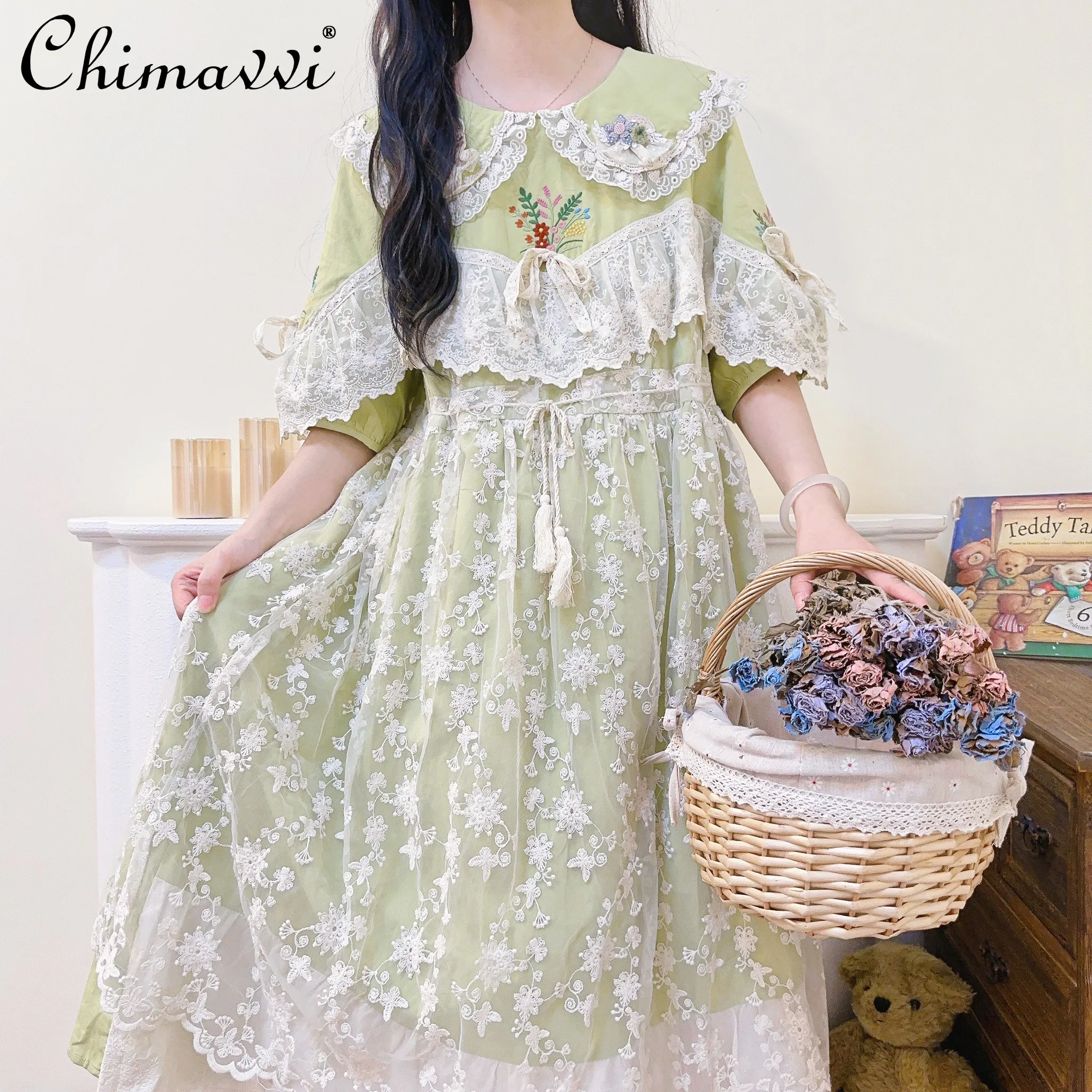 

Mori Style Vintage Rabbit 3D Embroidery Lace Peter Pan Collar Dress Fashion Sweet Girl Mesh Stitching Green Slimming Dress Women