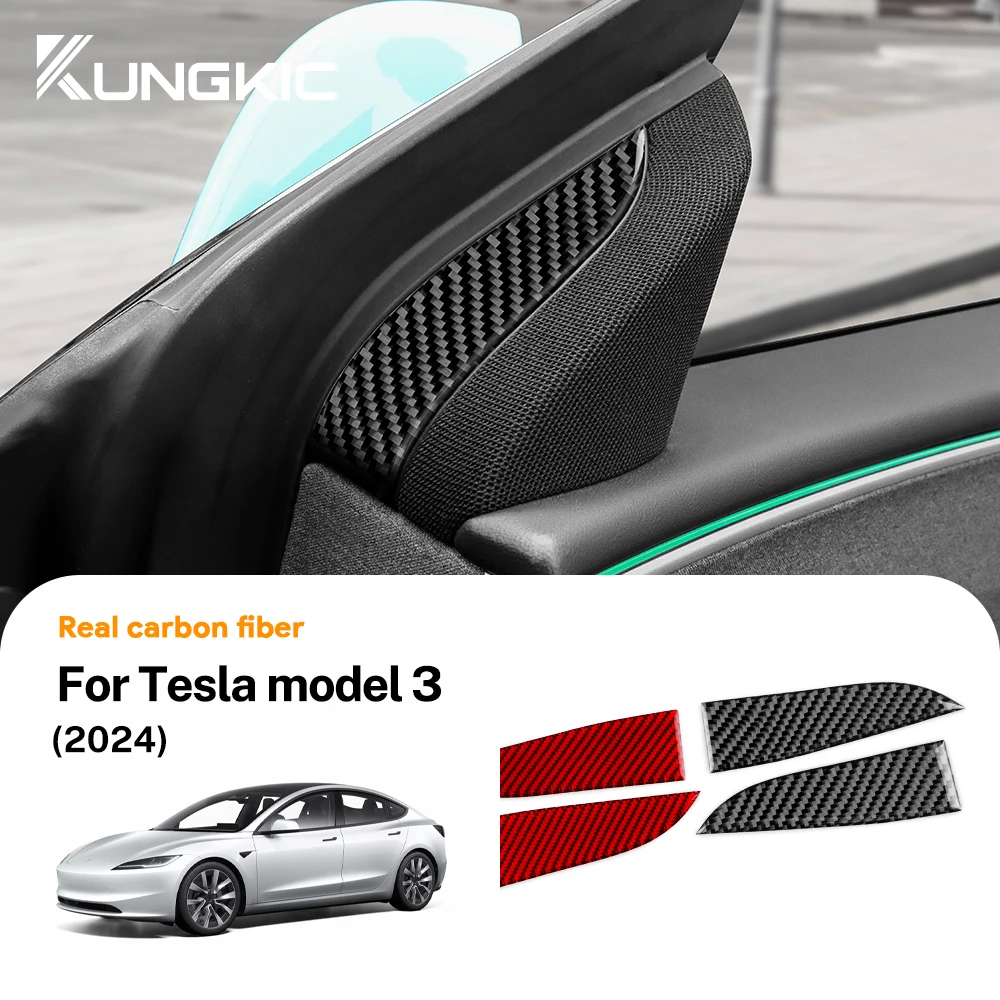 KUNGKIC Real Soft Carbon Fiber for Tesla Model 3 Highland 2024 Inner Door Triangle Cover Sticker Trim Car Interior Accessories