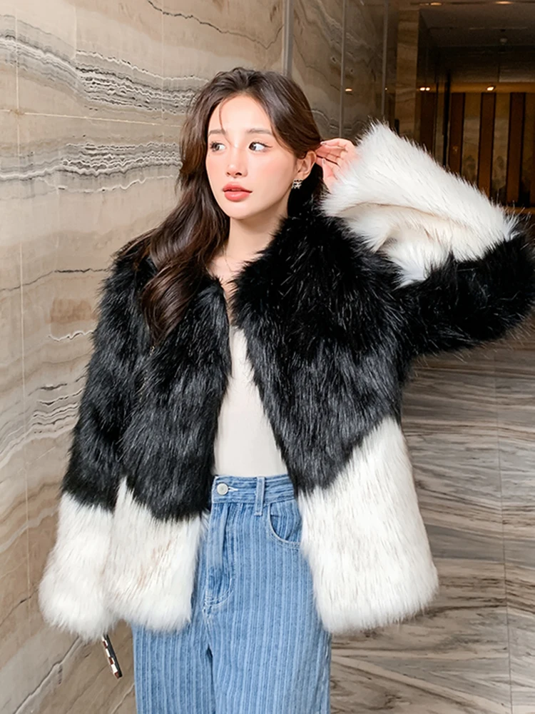 Zoki Elegant Women Faux Fox Fur Coat Winter Fashion Plush Thick Warm Jacket Casual Korean Patchwork Office Lady Casual Outwear