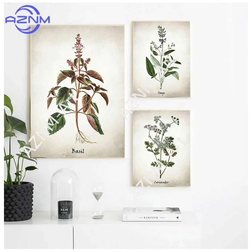 Vintage Botanical Herb Canvas Wall Art Retro Medicinal Plant & Floral Prints for Modern Living Room & Kitchen Decor