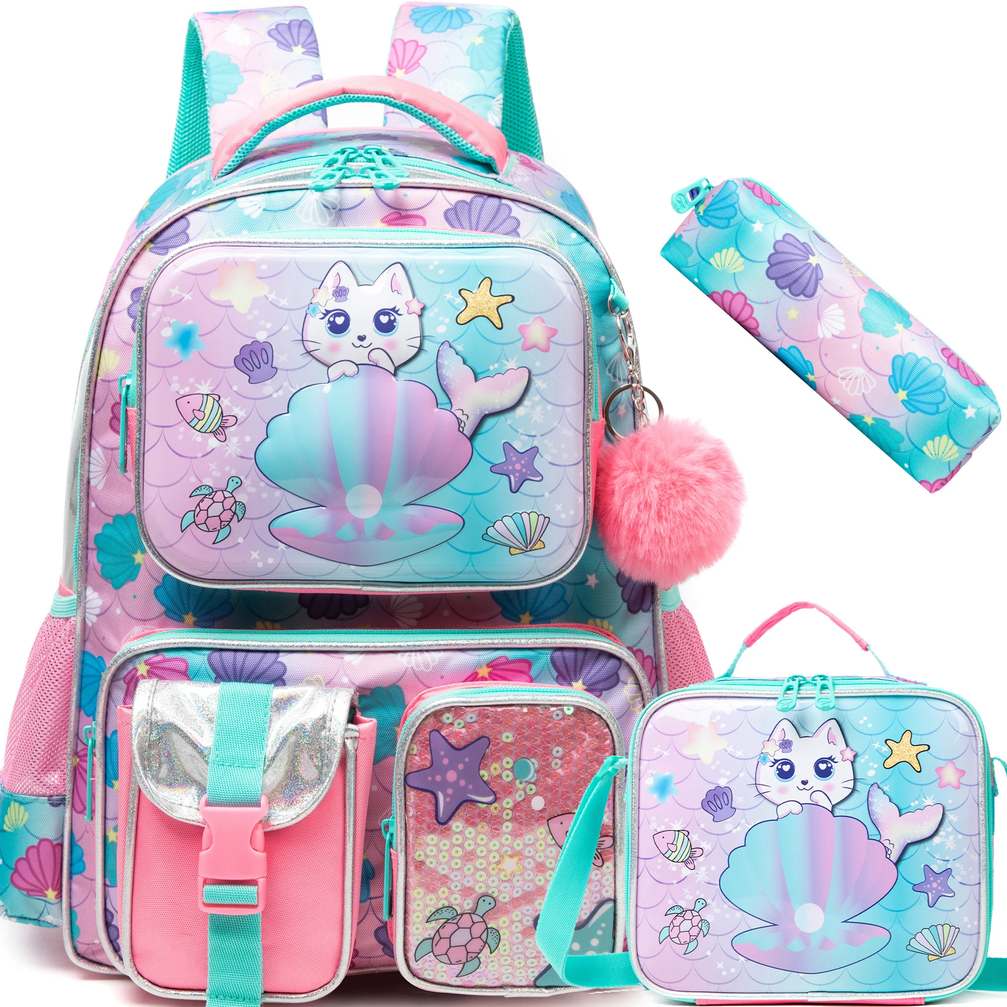 Cute Cat Backpack for Girls Backpacks for Elementary Preschool Students Kids School Cute Backpack with Lunch Bag and Penbag