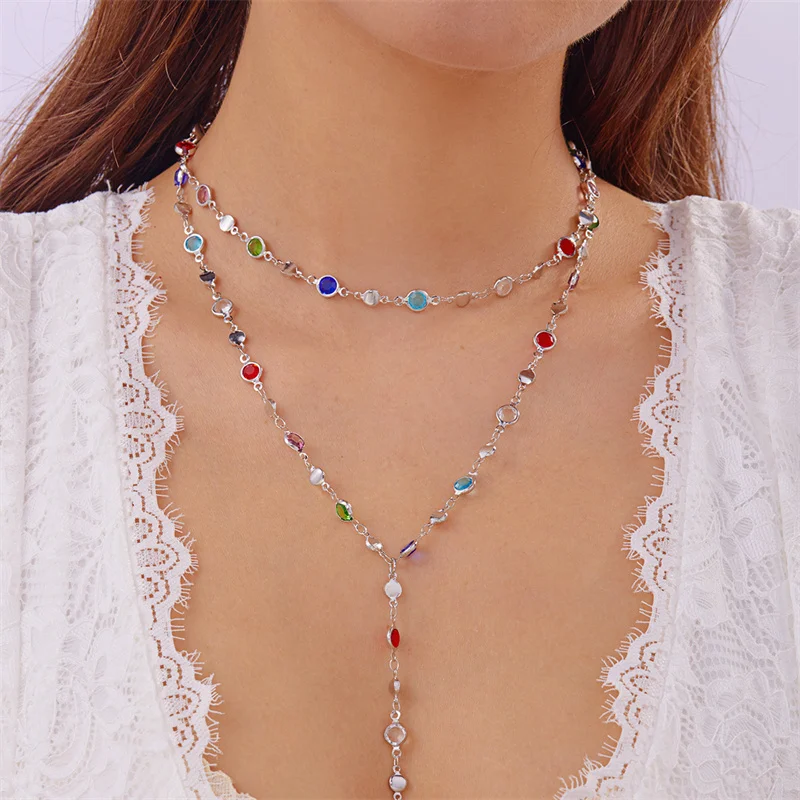 Böhmische bunte Kristall-Zirkon-Halskette für Frauen, glänzende Strass-Y-förmige lange Quasten-Halskette, trendige Y2K-Schmuckgeschenke – Detail 20