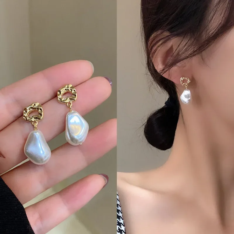 S925 Needle Elegant Imitation Irregular Pearl Earrings Simple Geometric Round Baroque Pearl Drop Earrings for Women Brincos