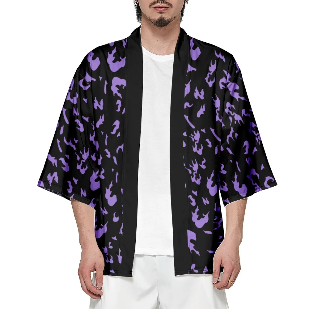 

Fashion Beach Shirts Traditional Japanese Haori Cardigan Purple Flame Print Tops Plus Size