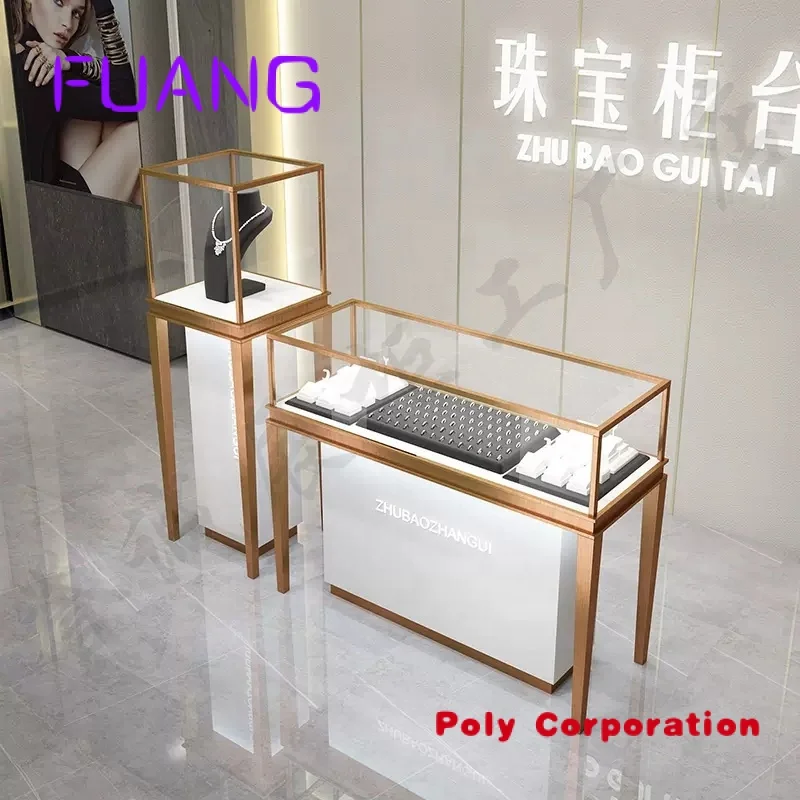 Custom  New Design Bespoke Logo Luxury Jewelry Shop Retail Counter Furniture Modern Design Metal Frame Locking Jewelry Display C