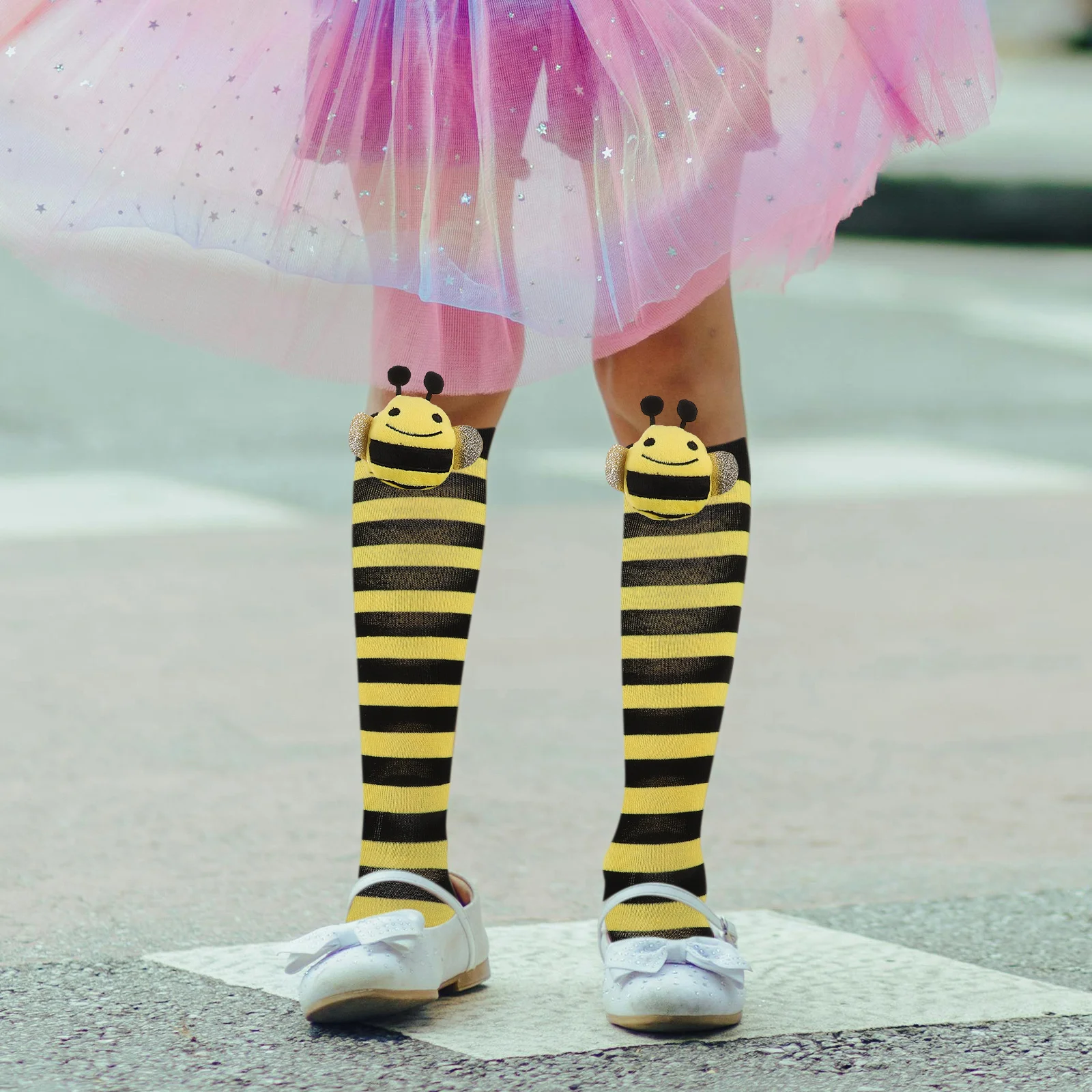 

4 Pairs Kids Long Socks Cosplay Stockings Soft Breathable Material Warm Stylish Girls Gifts Black Yellow Colors