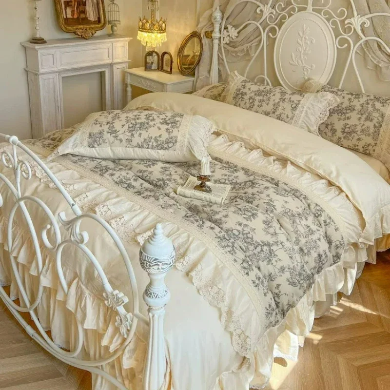 French Style Bedroom Vintage Princess Style All Cotton Four Piece Bed Set Floral Lace Duvet Cover Pure Cotton Bed Skirt Style