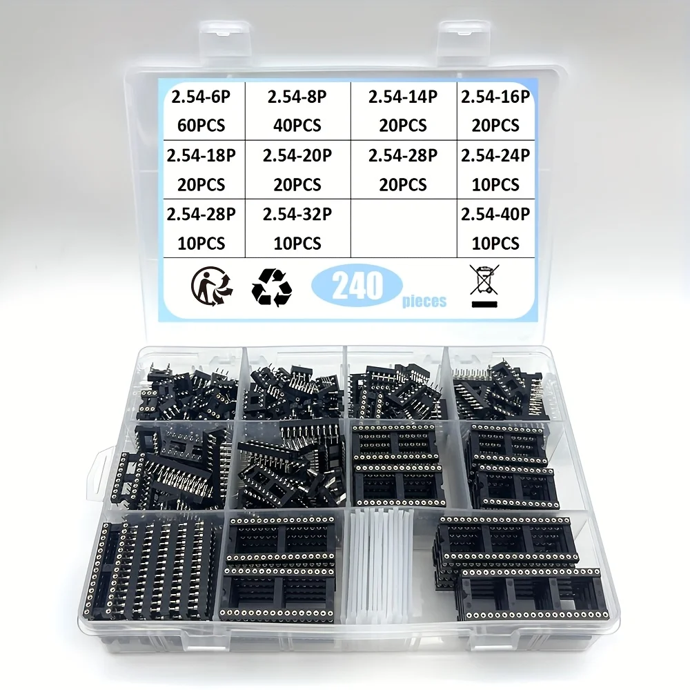 240PCS Round Hole Ic Socket Kit Connector DIP 6 8 14 16 18 20 24 28 32 40 Pin Sockets DIP6 DIP8 DIP14 DIP16 DIP18 DIP20 DIP28