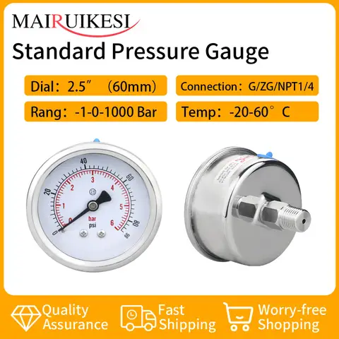 MAIRUIKSI Dry Pressure Gauges 60mm(2.5") back vacuum Gauge -1-0bar 0...600bar oil  Water Pressure  Hydraulic Gas Manometers
