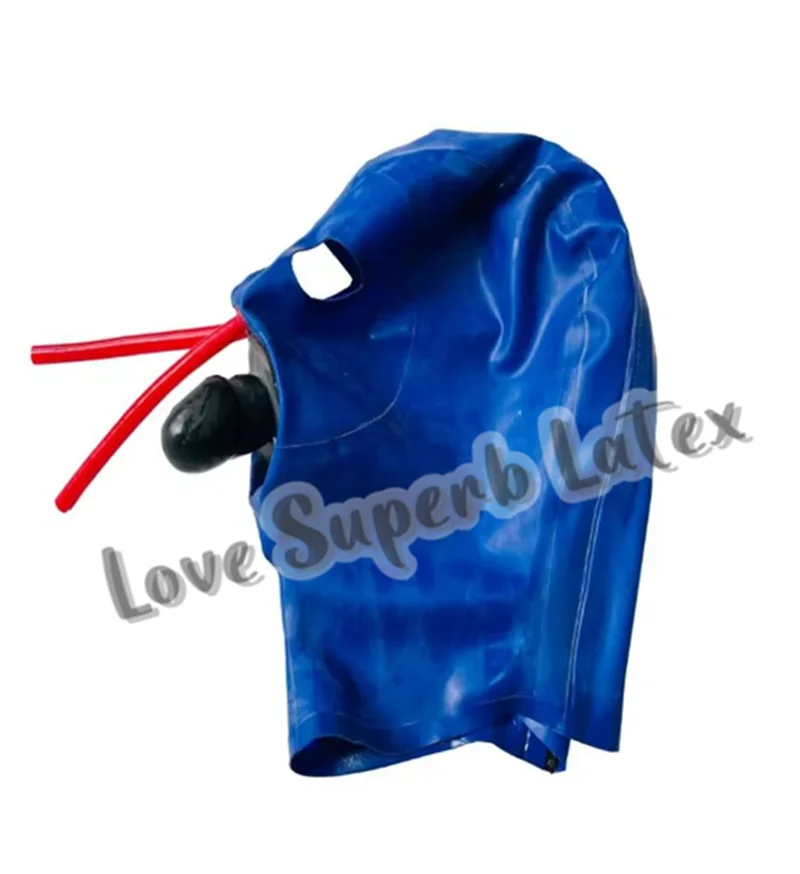 Máscara de goma de látex azul oscuro hecha a mano, capucha de goma, máscara de cobertura completa de látex gummi con funda interior de 5cm, tubo de nariz de 15cm de largo, ojos abiertos