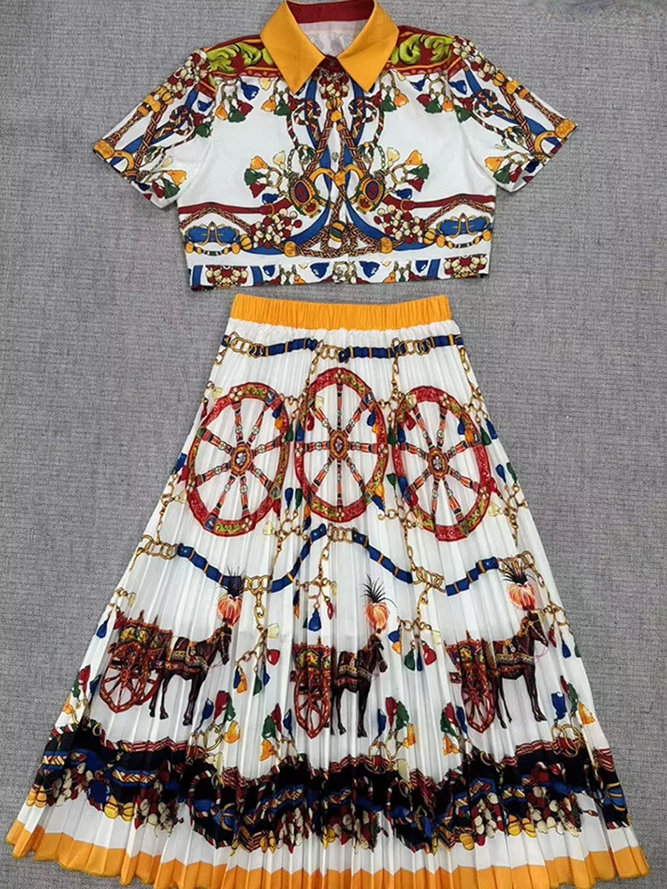 2026 Summer Printed Women's Suit Single-breasted Short-sleeved Bare-bellied Top+High-waisted Pleated Skirt Fashion Two-piece Set image 6