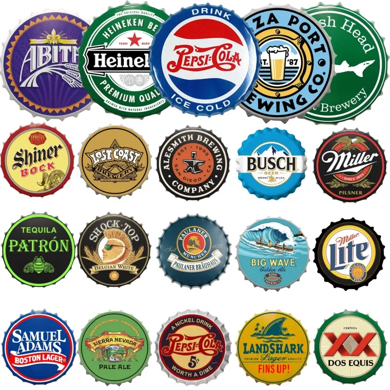 Vintage Bottle Cap Decor Drink Beer Brand Tin Signs Plaque Decorative Metal Sign for Restaurant Kitchen Bar Club Wall Decoration