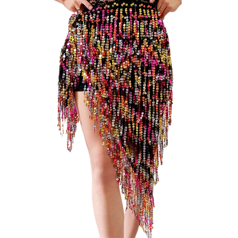 Bauchtanz-Hüfttuch für Damen, Pailletten-Quasten-Wickelrock, Asymmetrischer Hüftgürtel, Glänzender Schimmerrock für Festival, Party, Aufführung, Y2K-Tanz – Detail 9
