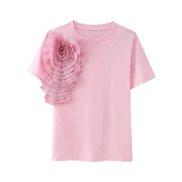 New Women Summer Fashion Slim Solid Pleated Three-Dimensional Mesh Floral Tops Female Holiday Chic Crew Neck Pullover T Shirt