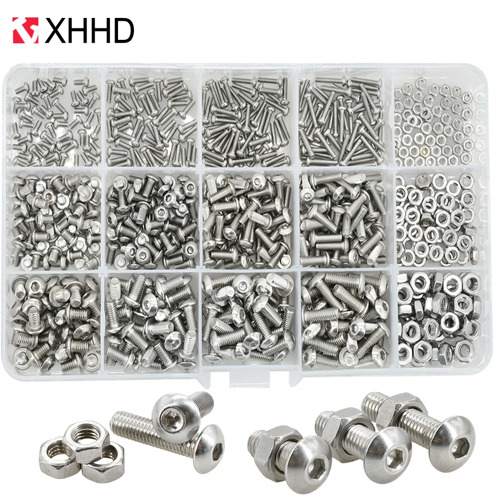 

304 Stainless Steel Socket Cap Screw Set M2 M3 M4 M5 M6 Hex Round Button Head Hexagon Allen Bolts Thread Machine Screws Nuts Kit