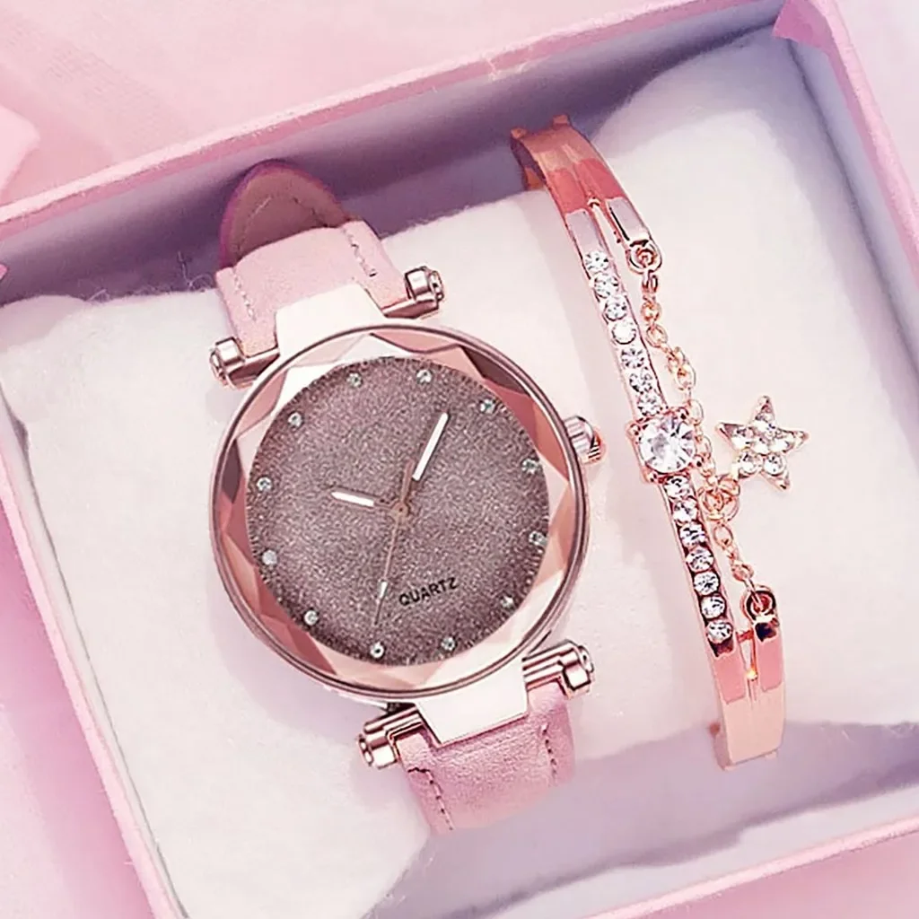 Relojes informales para mujer, reloj romántico con cielo estrellado, pulsera de cuero con diamantes de imitación, reloj de diseñador para mujer, vestido sencillo, reloj para mujer