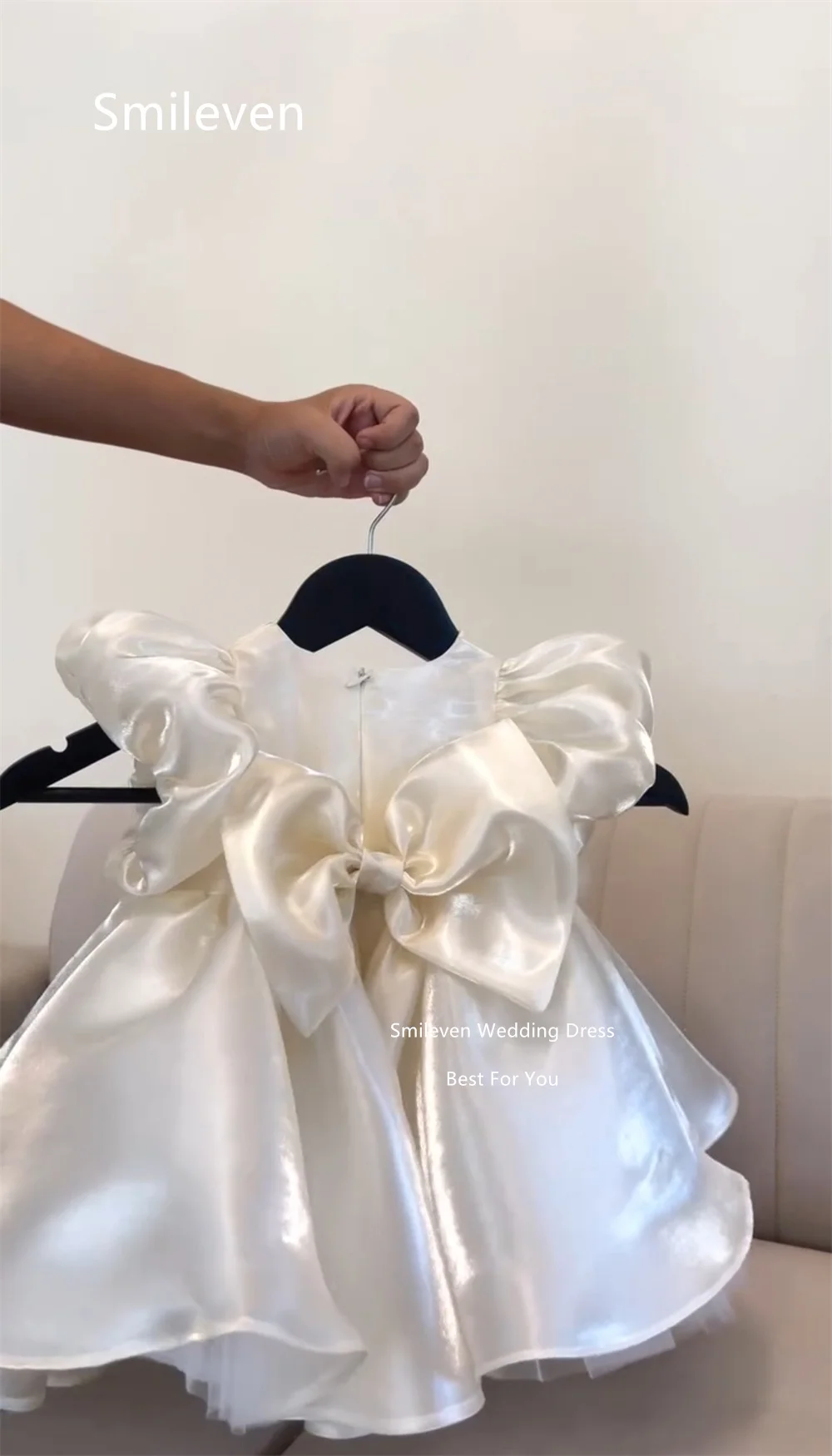 Smileven Ivory Satin A Line Girl Flower Dress Round Neck Puff Bubble Sleeve Birthday Dresses Big Back Bow Gowns Customized