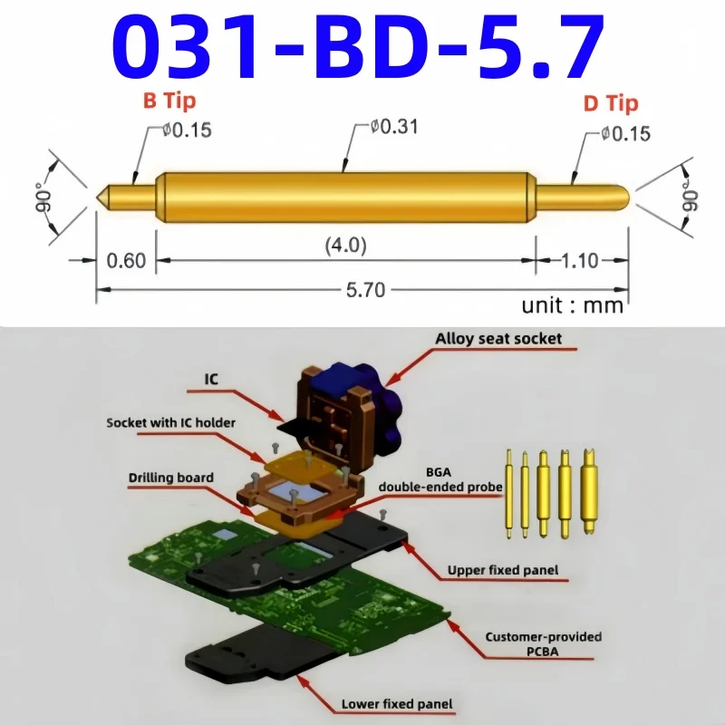 

100pcs Double-ended Test Needle Test Probe BGA Semiconductor Probe 031-BD-5.7L Telescopic Spring Test Pin 5.7 Pogo Pin